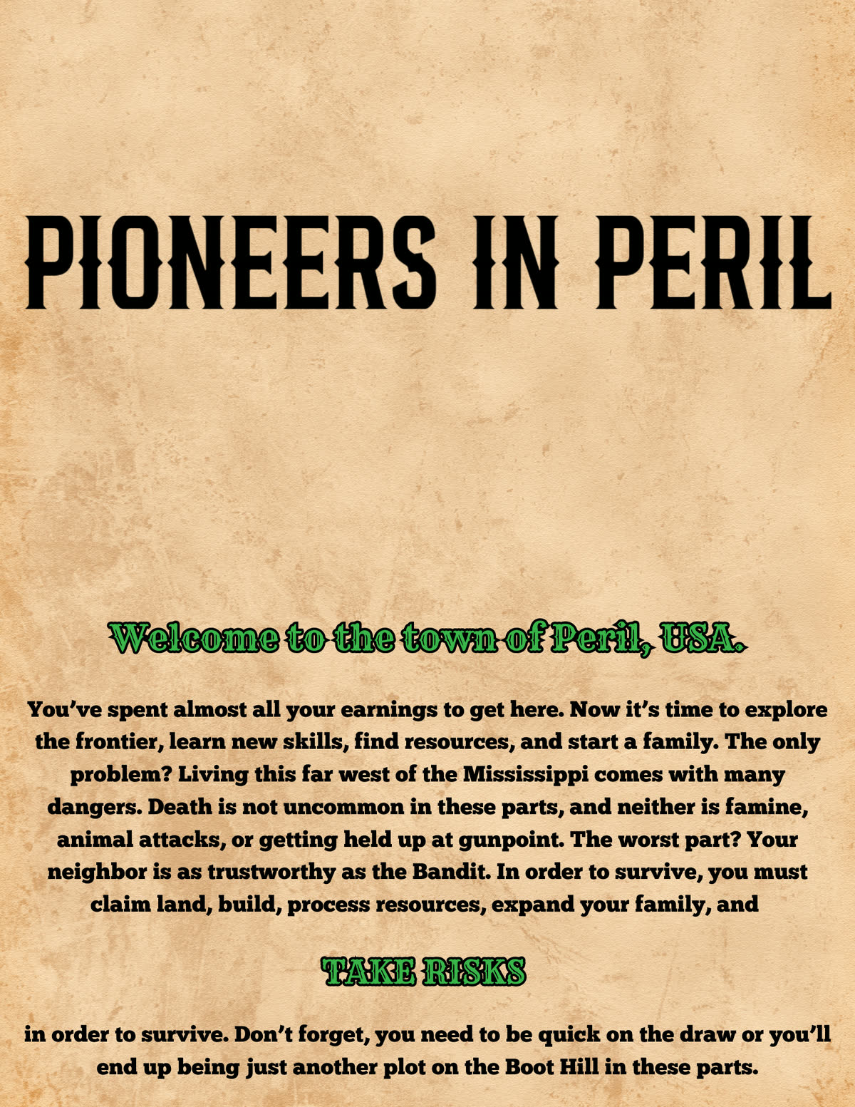 Pioneers in Peril rulebook, page 1